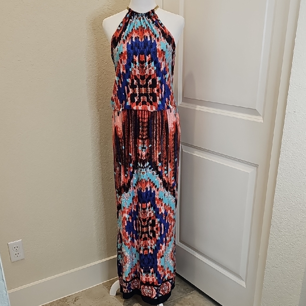 MSK Red Blue Sleevelss Maxi Halter Dress with Gold-toned Necklace Collar Sz M